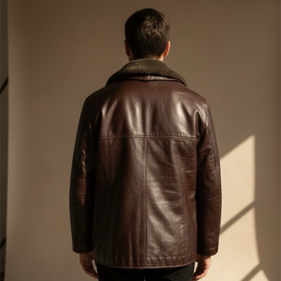 Unisex vintage Leather Barn Jacket Coat Sheepskin Collar Removable Brown M - Picture 16 of 16